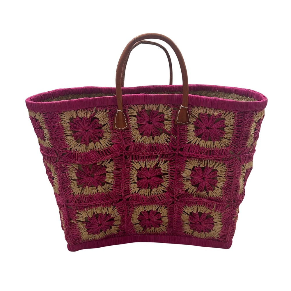 Le Comptoir de la Plage Pink Raffia Floral Crochet Leather Handle Tote Bag L - Picture 2 of 10